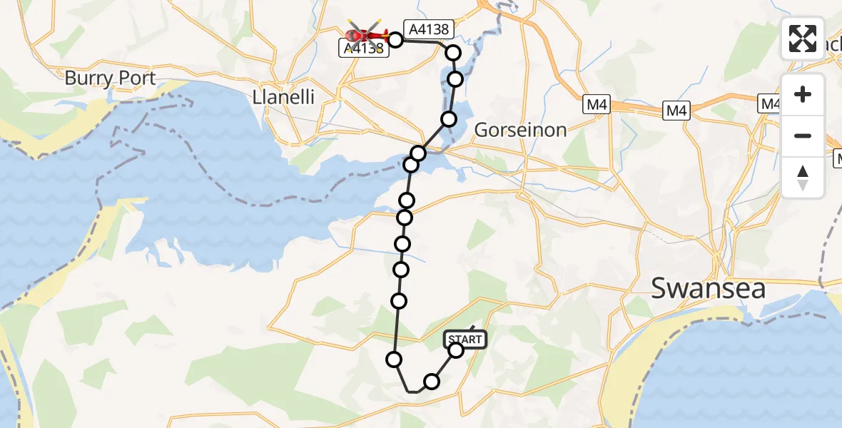 Flight path map showing Air Ambulance Helicopter route from Swansea Airport to Dafen