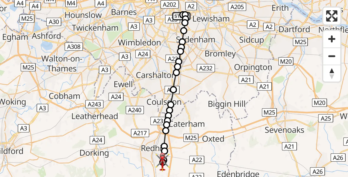 Flight path map showing Air Ambulance Helicopter route from Kings College London Hospital to Redhill Aerodrome