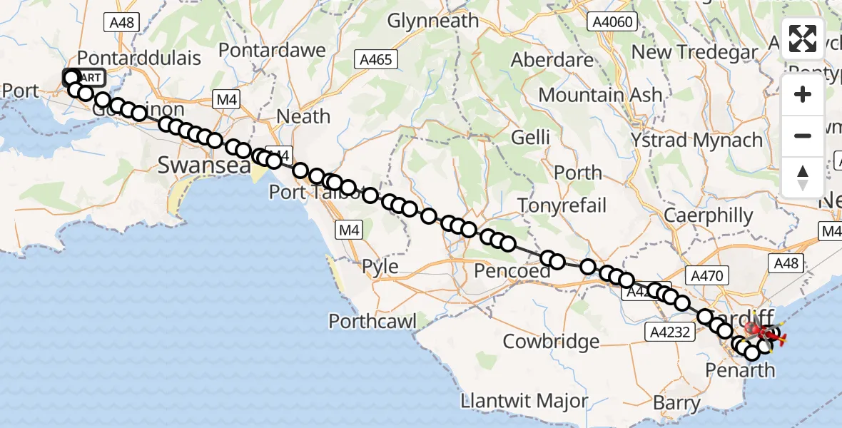 Flight path map showing Air Ambulance Helicopter route from Dafen to Cardiff Heliport