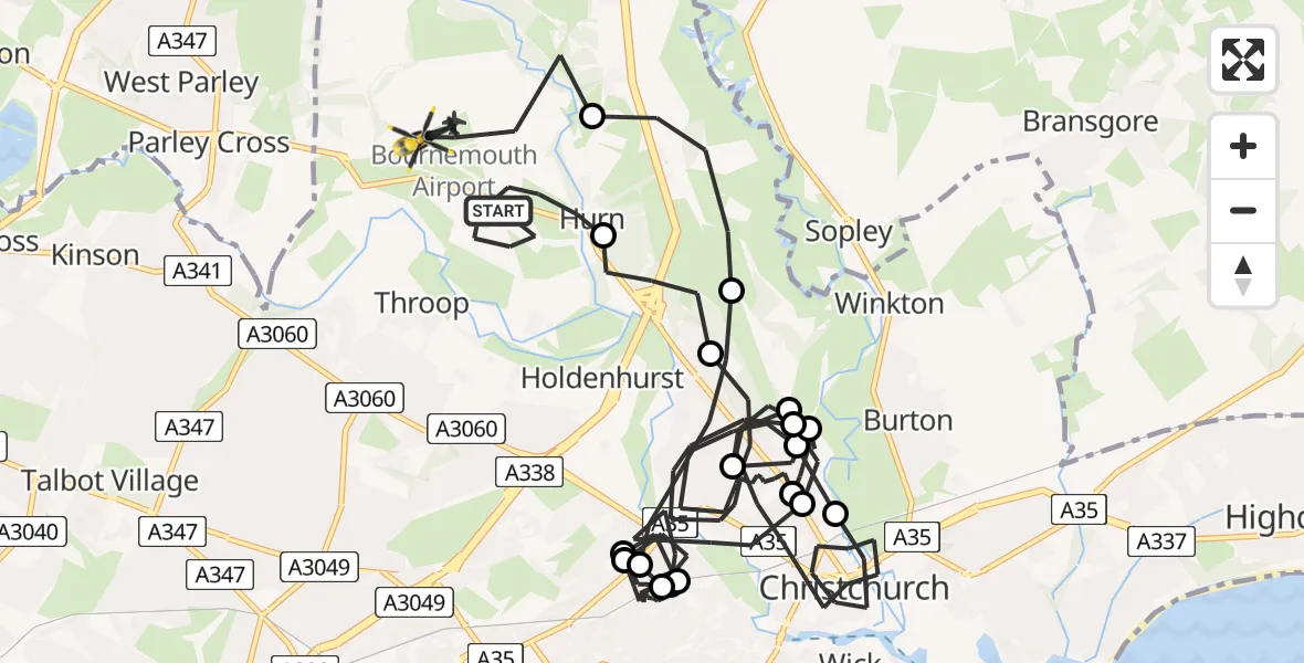 Flight path map showing Police Helicopter route from Bournemouth Airport to Bournemouth Airport