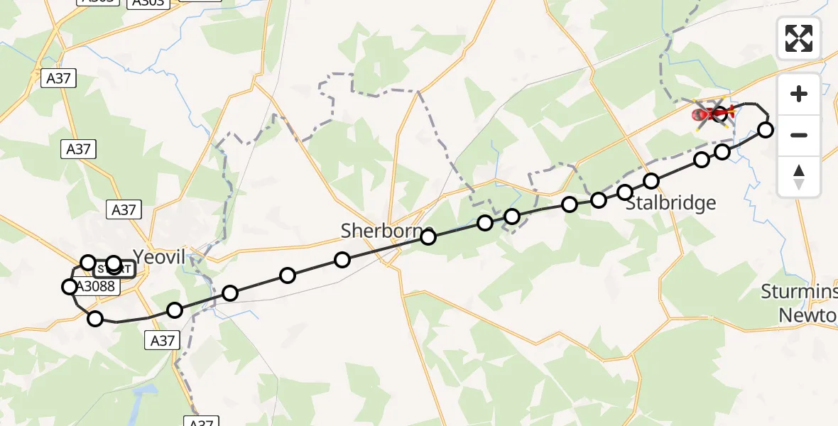 Flight path map showing Air Ambulance Helicopter route from Yeovil/Westland Aerodrome to Henstridge Airfield