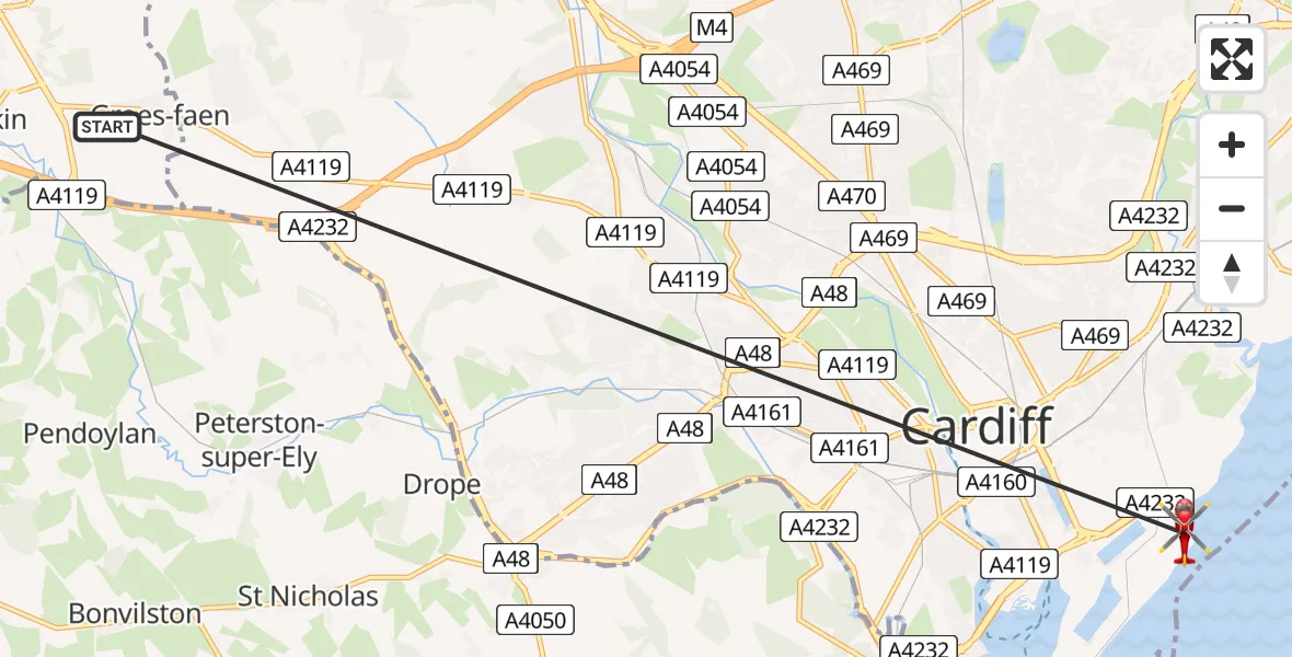 Flight path map showing Air Ambulance Helicopter route from Groes-faen to Cardiff Heliport