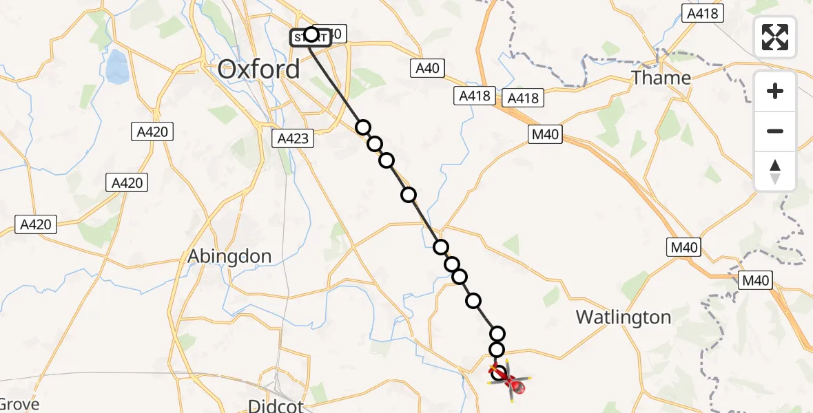 Flight path map showing Air Ambulance Helicopter route from John Radcliffe Hospital to RAF Benson