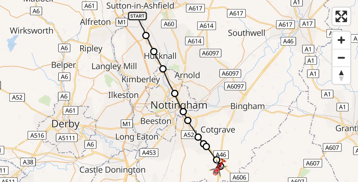 Routekaart van de vlucht: Air Ambulance Helicopter to Rushcliffe, A46