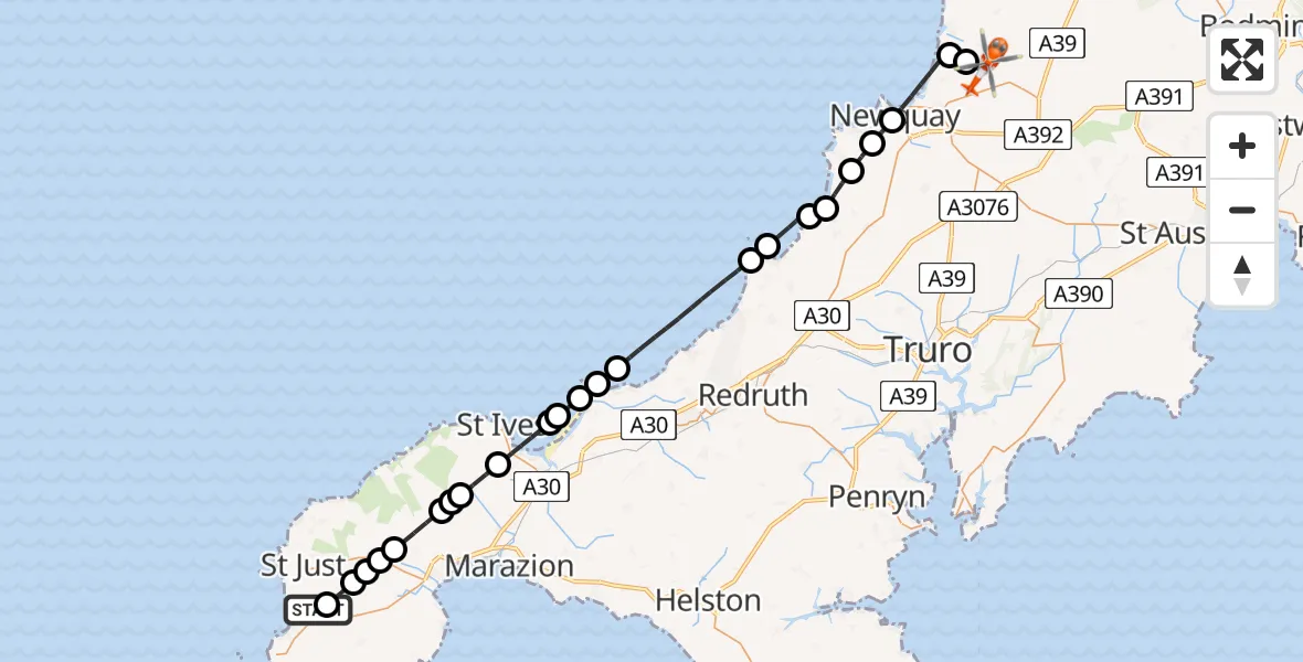 Flight path map showing Coastguard Helicopter route from Land's End Airport to Cornwall Airport Newquay