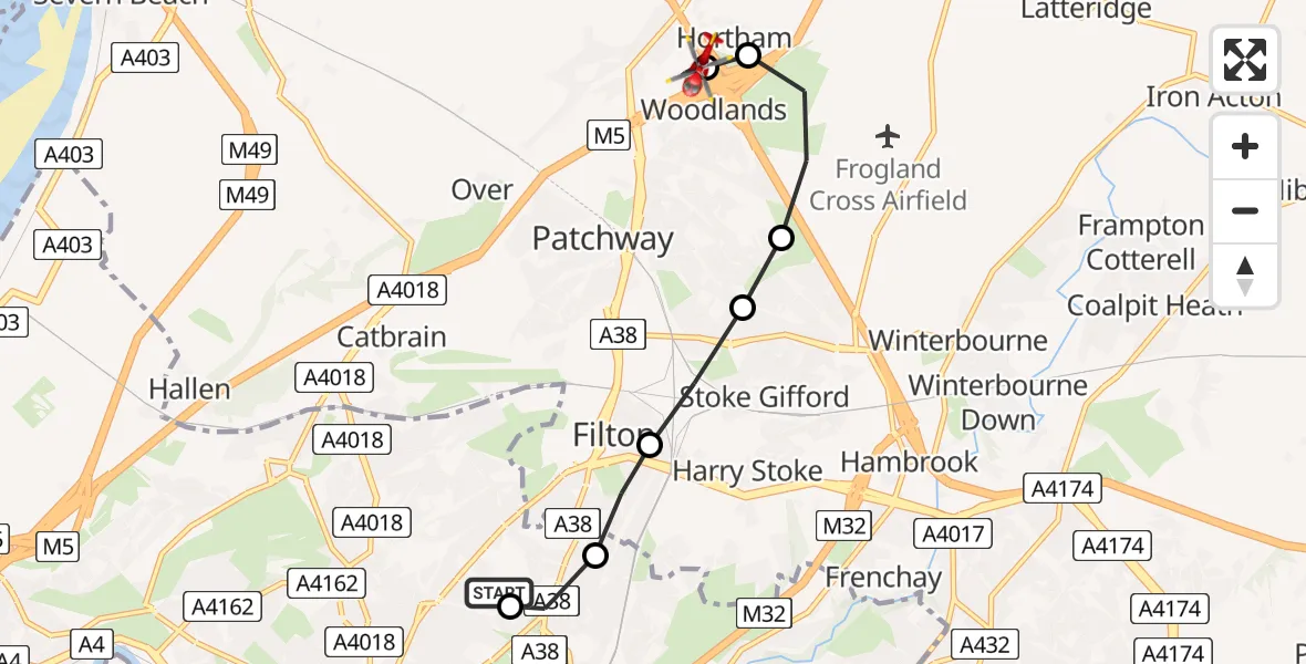 Flight path map showing Air Ambulance Helicopter route from Southmead Hospital to Almondsbury Helicopter Base