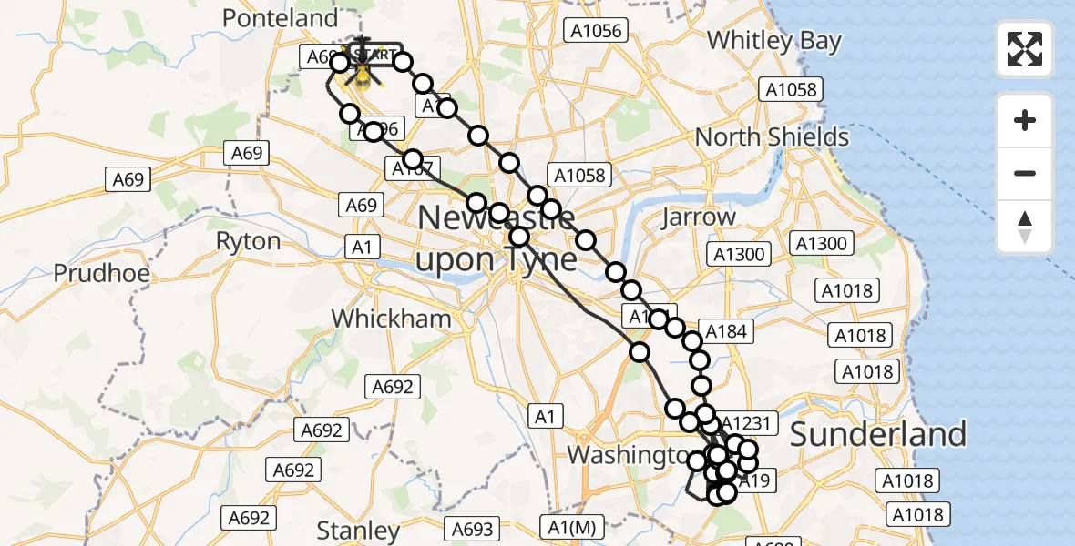 Flight path map showing Police Helicopter route from Newcastle International Airport to Newcastle International Airport