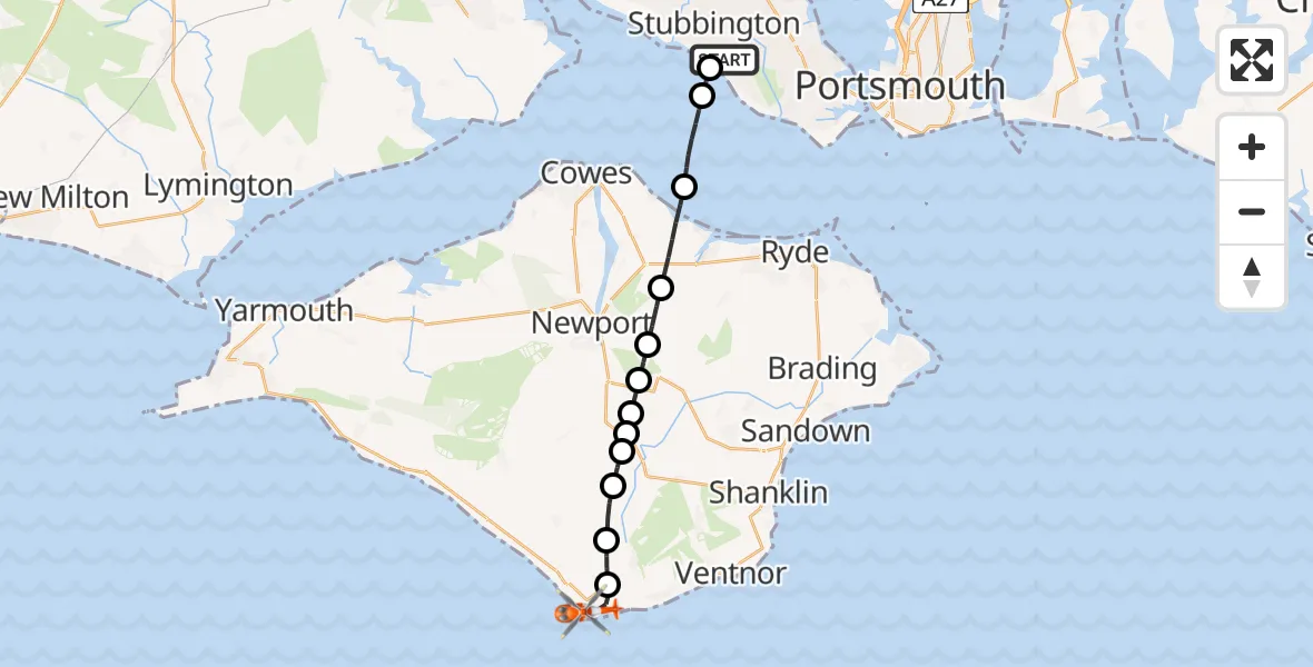 Flight path map showing Coastguard Helicopter route from Solent Airport to Ventnor