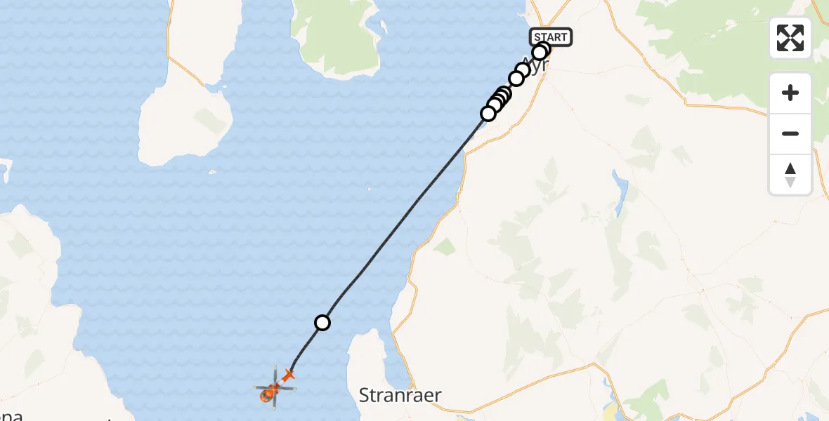 Flight path map showing Coastguard Helicopter route from Glasgow Prestwick Airport to Irish Sea