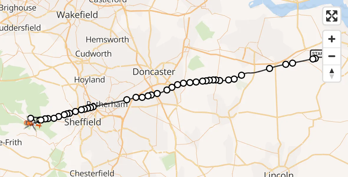 Flight path map showing Coastguard Helicopter route from Humberside Airport to High Peak