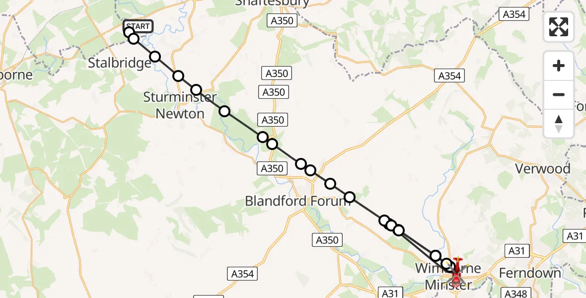 Flight path map showing Air Ambulance Helicopter route from Henstridge Airfield to Wimborne Minster