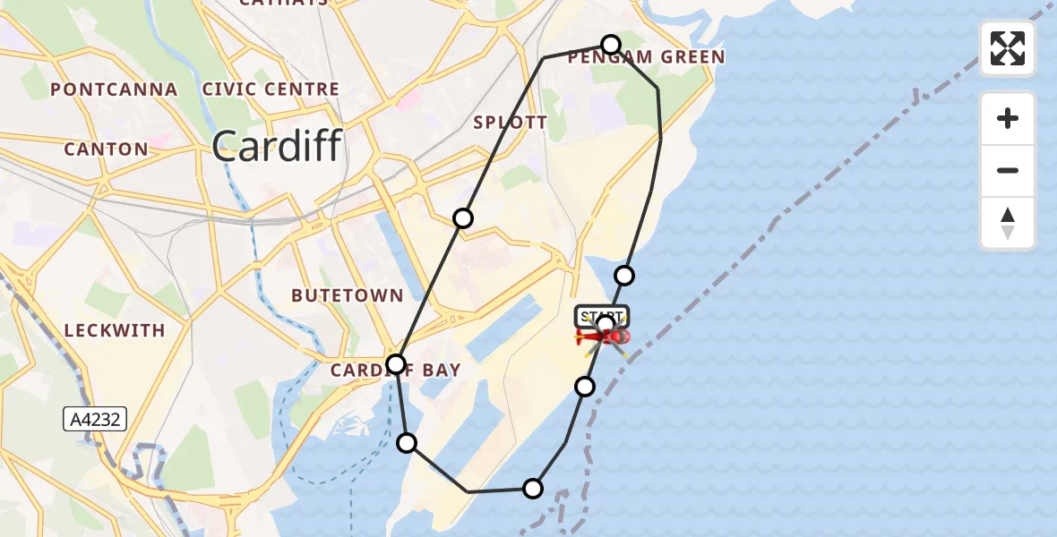 Flight path map showing Air Ambulance Helicopter route from Cardiff Heliport to Cardiff Heliport