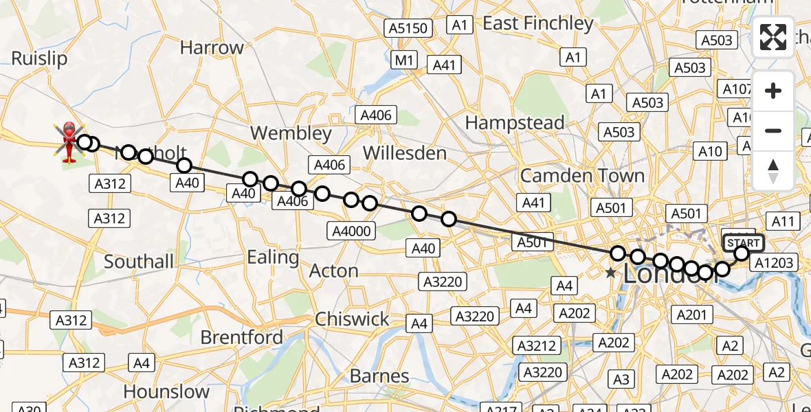 Flight path map showing Air Ambulance Helicopter route from Royal London Hospital to RAF Northolt