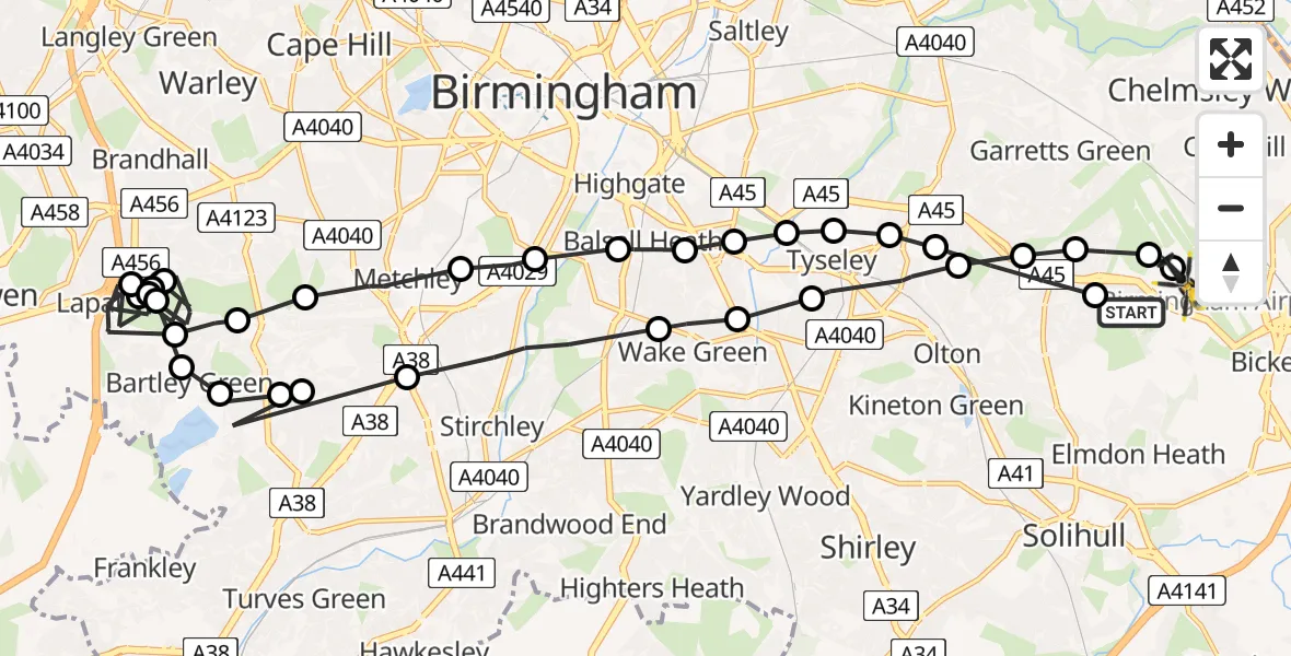 Flight path map showing Police Helicopter route from Solihull to Birmingham Airport