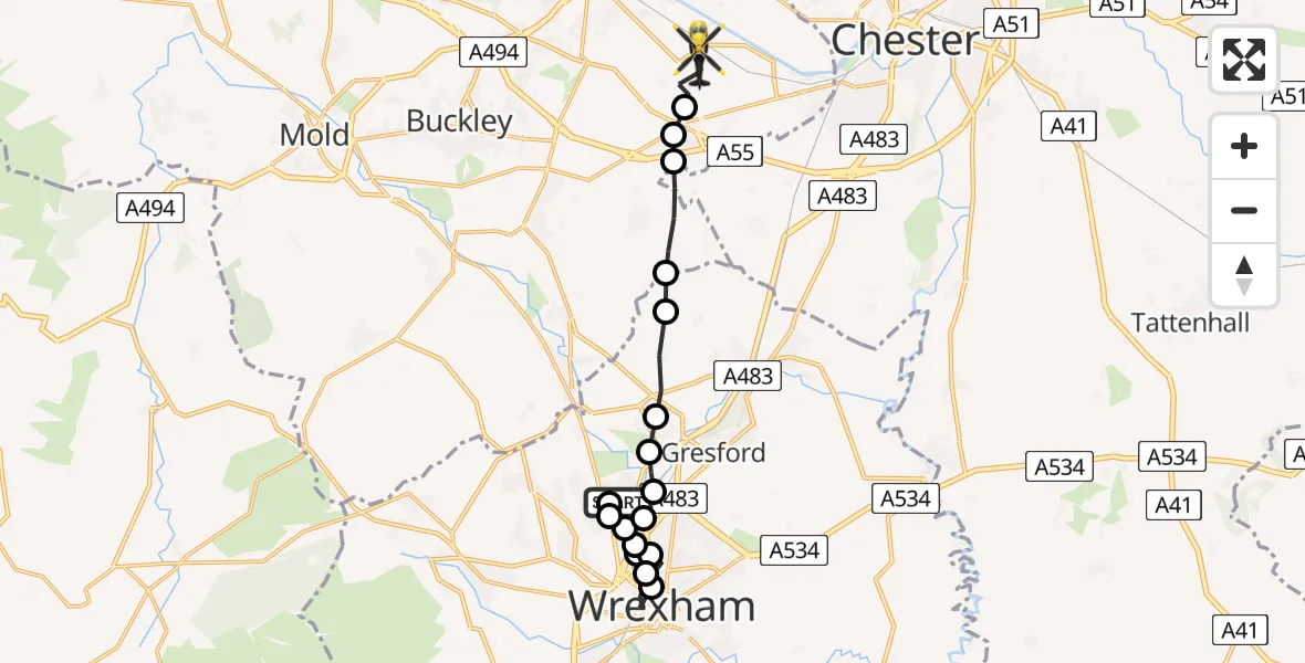 Flight path map showing Police Helicopter route from Bradley to Hawarden Airport