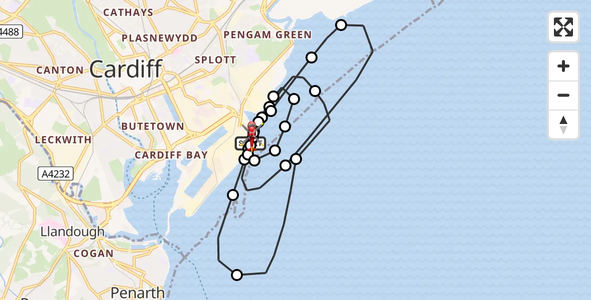 Flight path map showing Air Ambulance Helicopter route from Cardiff Heliport to Cardiff Heliport