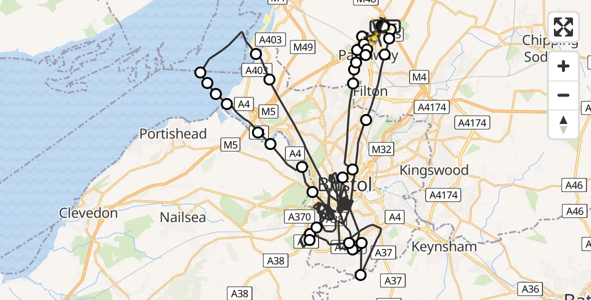 Flight path map showing Police Helicopter route from Almondsbury Helicopter Base to Almondsbury Helicopter Base