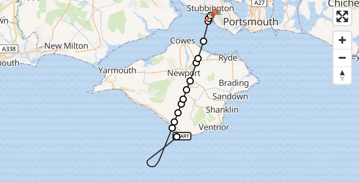 Flight path map showing Coastguard Helicopter route from Niton to Solent Airport