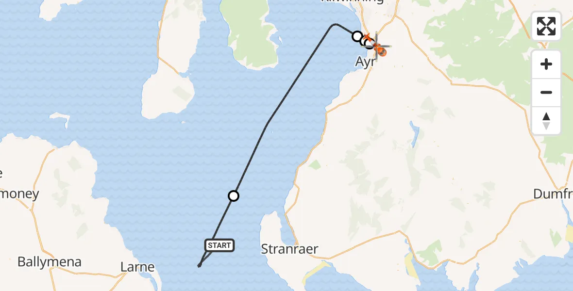 Flight path map showing Coastguard Helicopter route from Irish Sea to Glasgow Prestwick Airport