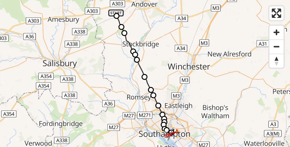 Flight path map showing Air Ambulance Helicopter route from Amport to Itchen