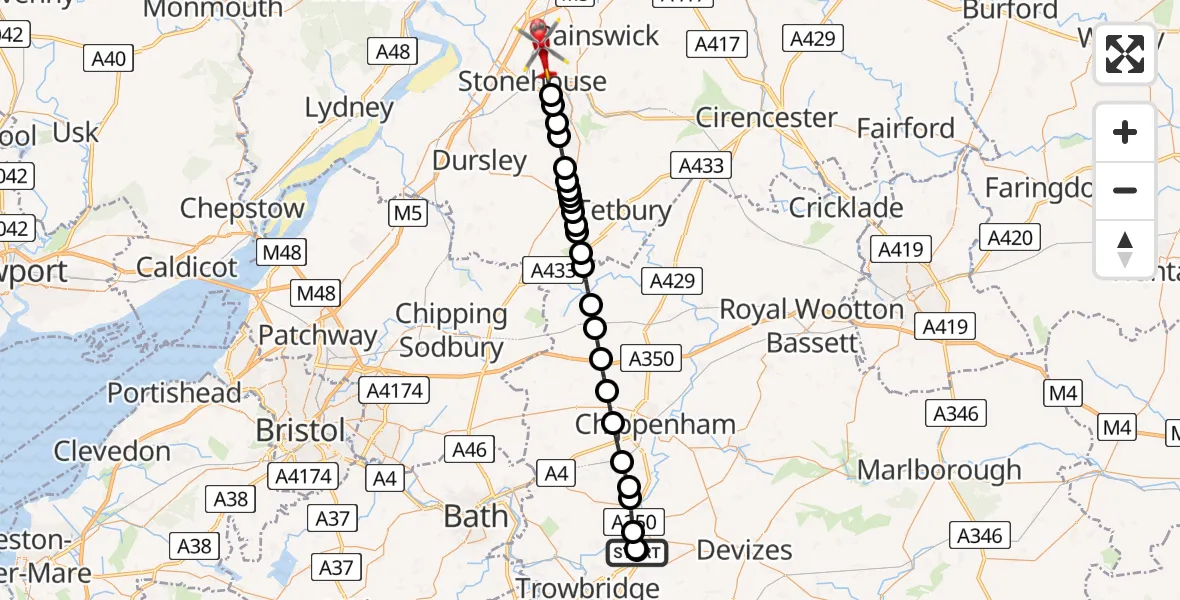 Flight path map showing Air Ambulance Helicopter route from Wiltshire Air Ambulance to Stroud
