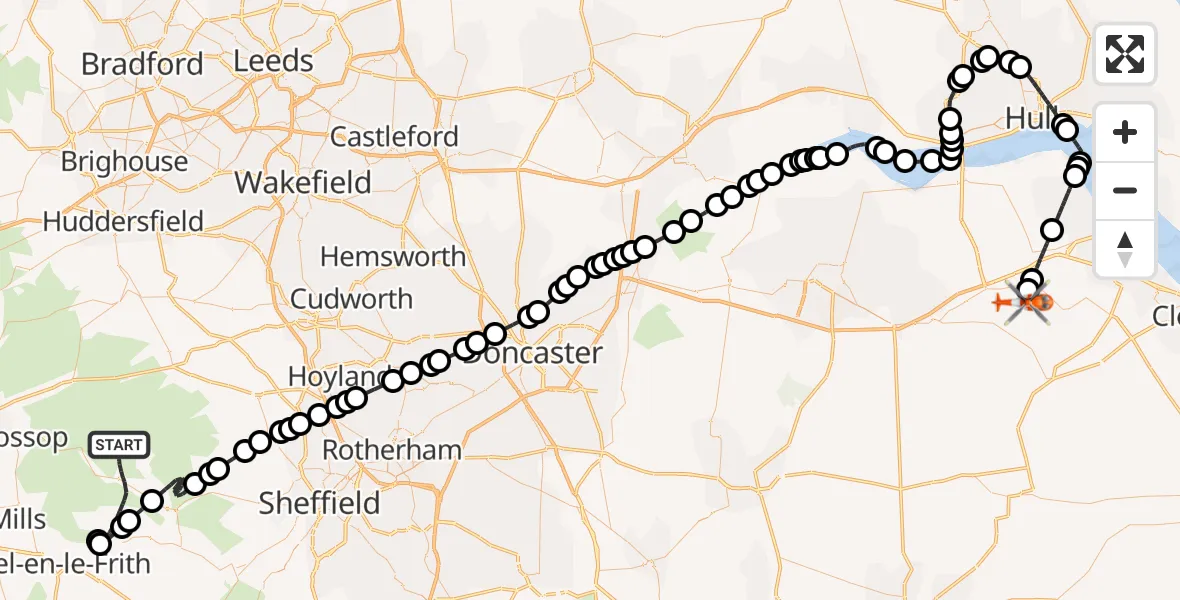 Flight path map showing Coastguard Helicopter route from High Peak to Humberside Airport