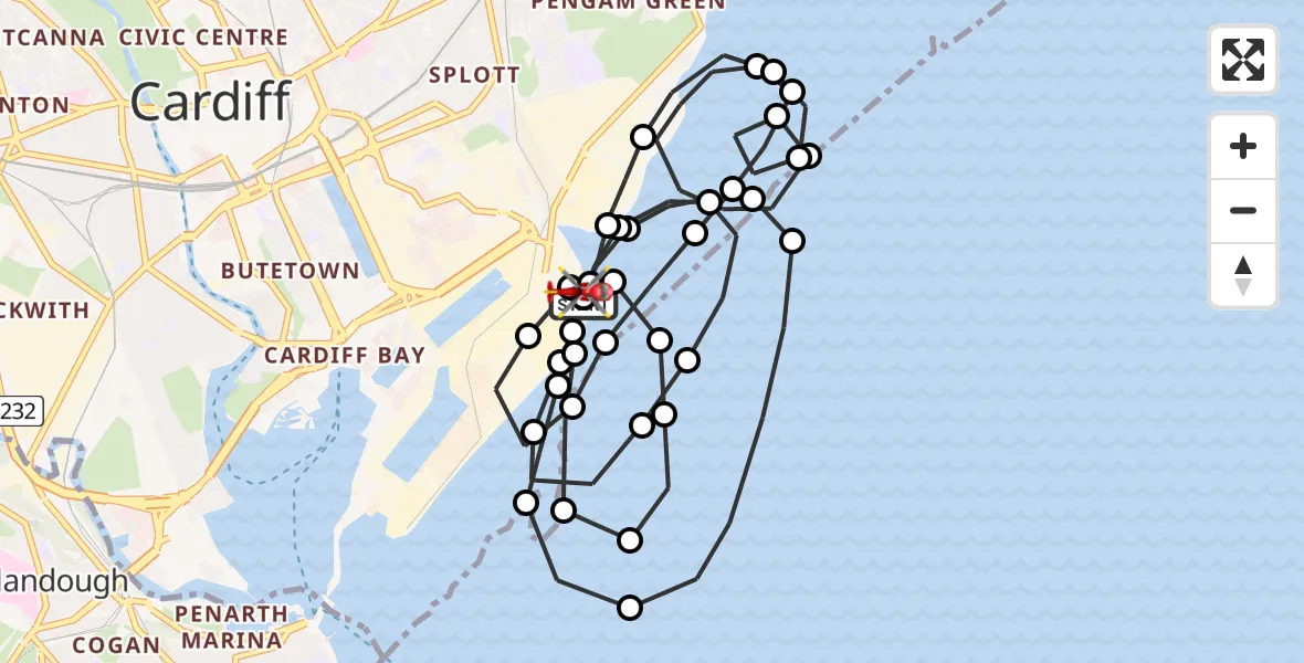 Flight path map showing Air Ambulance Helicopter route from Cardiff Heliport to Cardiff Heliport