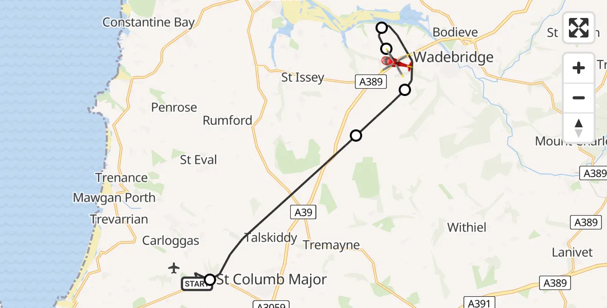Flight path map showing Air Ambulance Helicopter route from Cornwall Airport Newquay to Whitecross