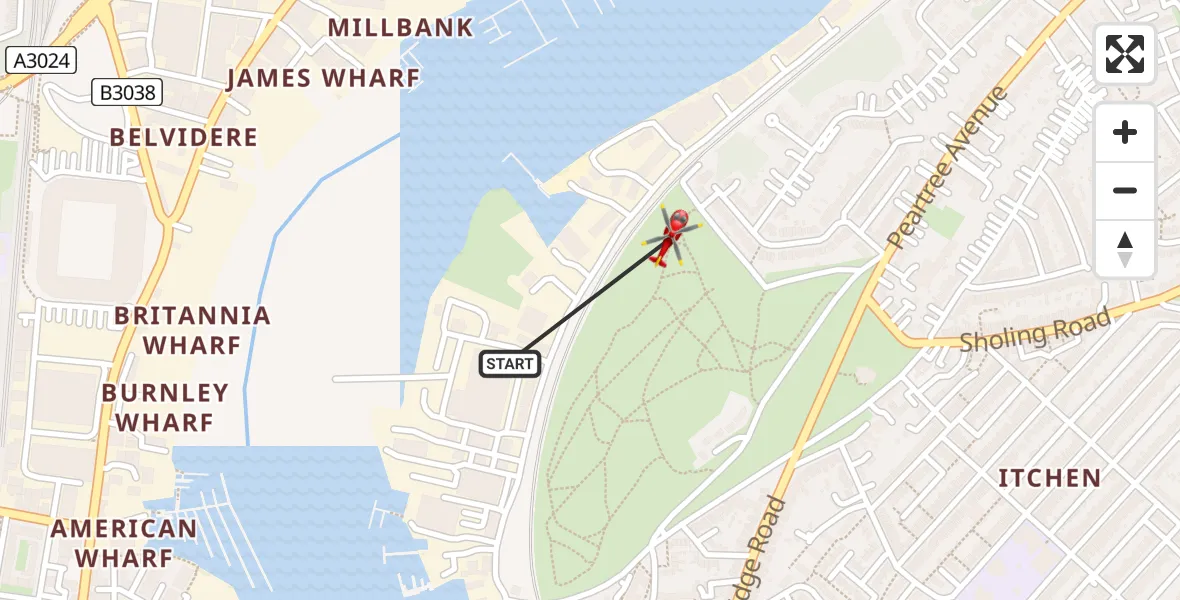 Flight path map showing Air Ambulance Helicopter route from Woolston to Itchen