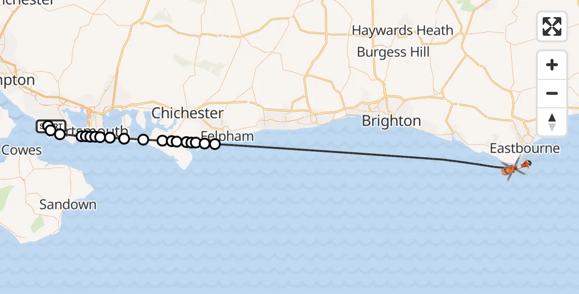 Flight path map showing Coastguard Helicopter route from Solent Airport to English Channel