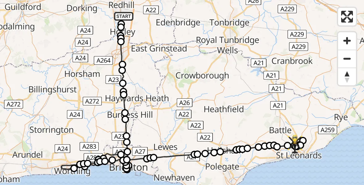 Flight path map showing Police Helicopter route from Salfords to St Leonards