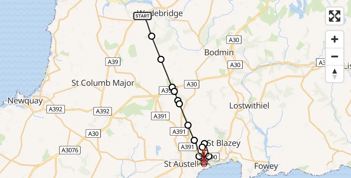 Flight path map showing Air Ambulance Helicopter route from Whitecross to St Blazey