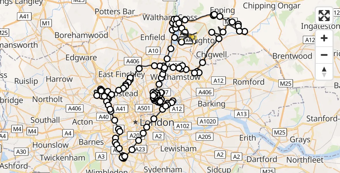 Flight path map showing Police Helicopter route from Sewardstonebury to Metropolitan Police Air Support Unit Lippitts Hill