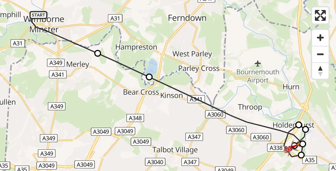 Flight path map showing Air Ambulance Helicopter route from Wimborne Minster to Royal Bournemouth Hospital