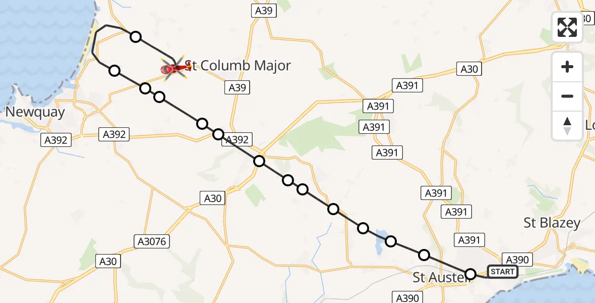 Routekaart van de vlucht: Air Ambulance Helicopter to Cornwall Airport Newquay