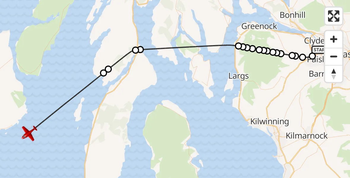 Flight path map showing Air Ambulance Aircraft route from Glasgow Airport to Inner Seas