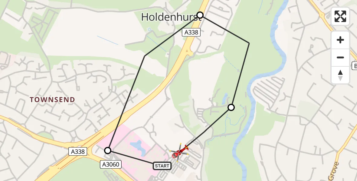 Flight path map showing Air Ambulance Helicopter route from Royal Bournemouth Hospital to Bournemouth
