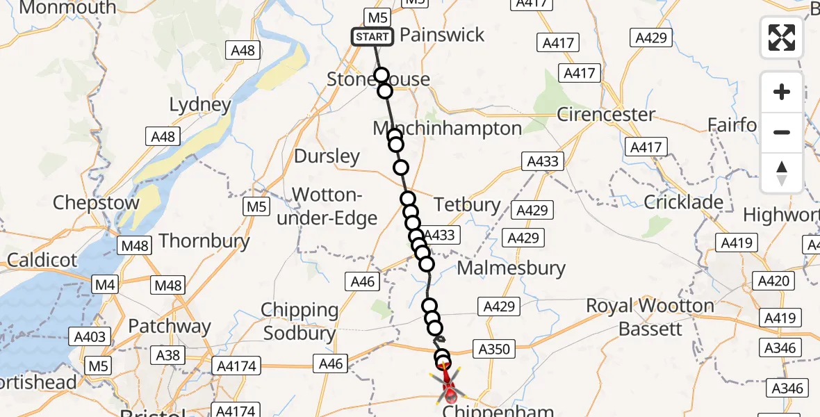 Flight path map showing Air Ambulance Helicopter route from Stroud to Yatton Keynell