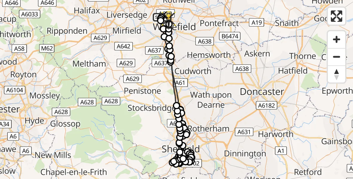 Flight path map showing Police Helicopter route from East Ardsley to Wrenthorpe
