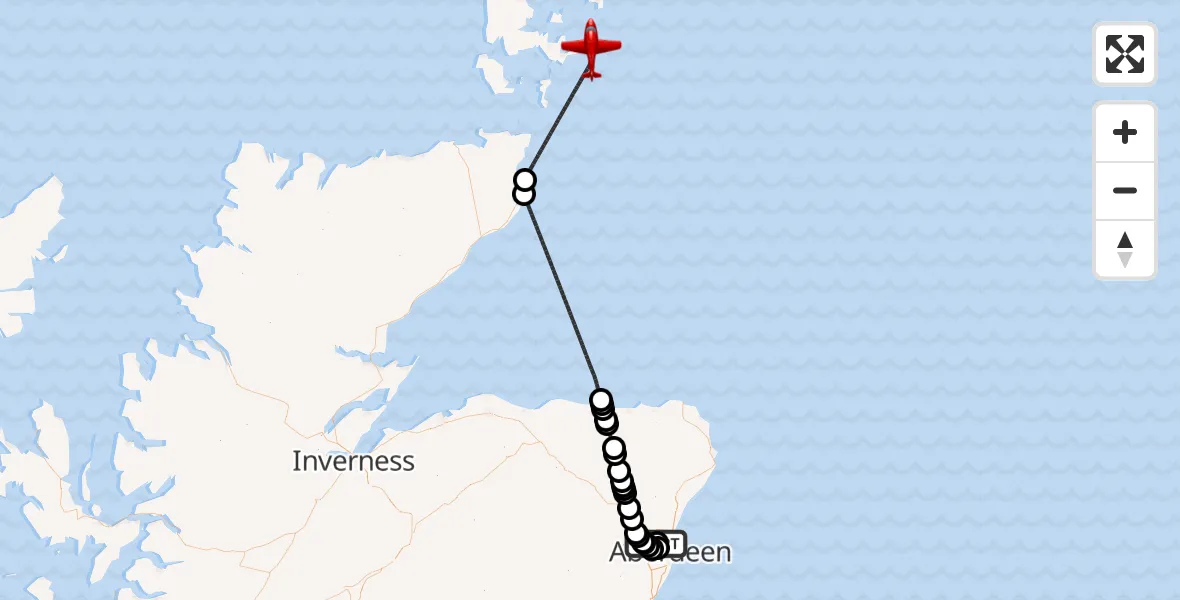 Flight path map showing Air Ambulance Aircraft route from Aberdeen International Airport to North Sea