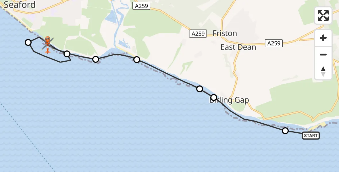 Flight path map showing Coastguard Helicopter route from English Channel to Seaford