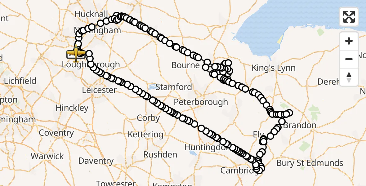 Flight path map showing Police Aircraft route from East Midlands Airport to East Midlands Airport