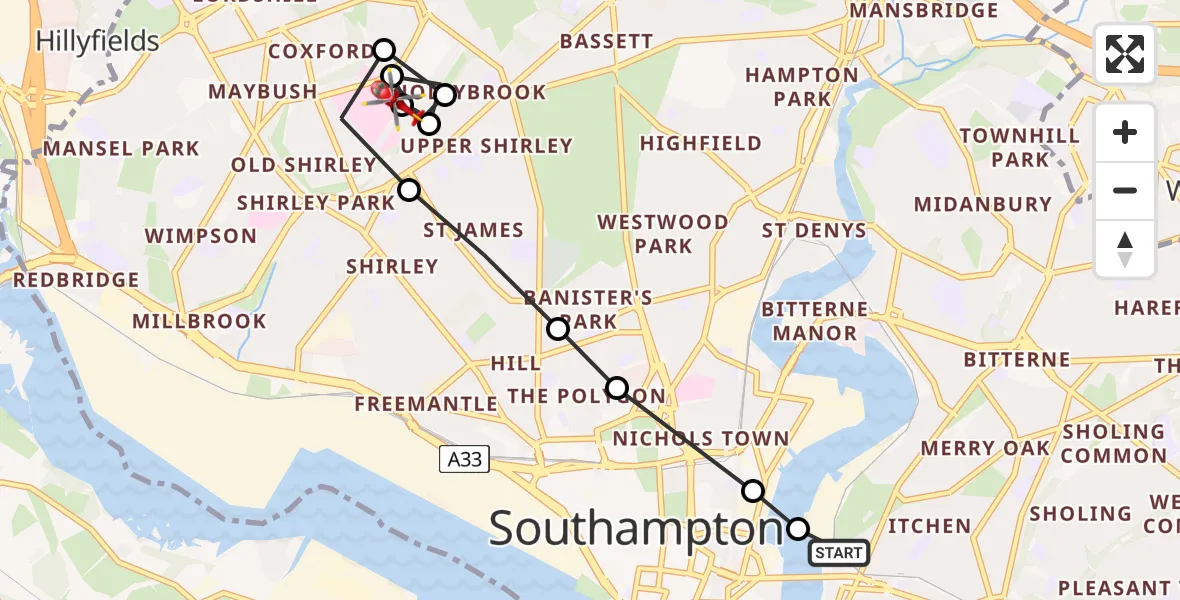 Flight path map showing Air Ambulance Helicopter route from Woolston to University Hospital Southampton