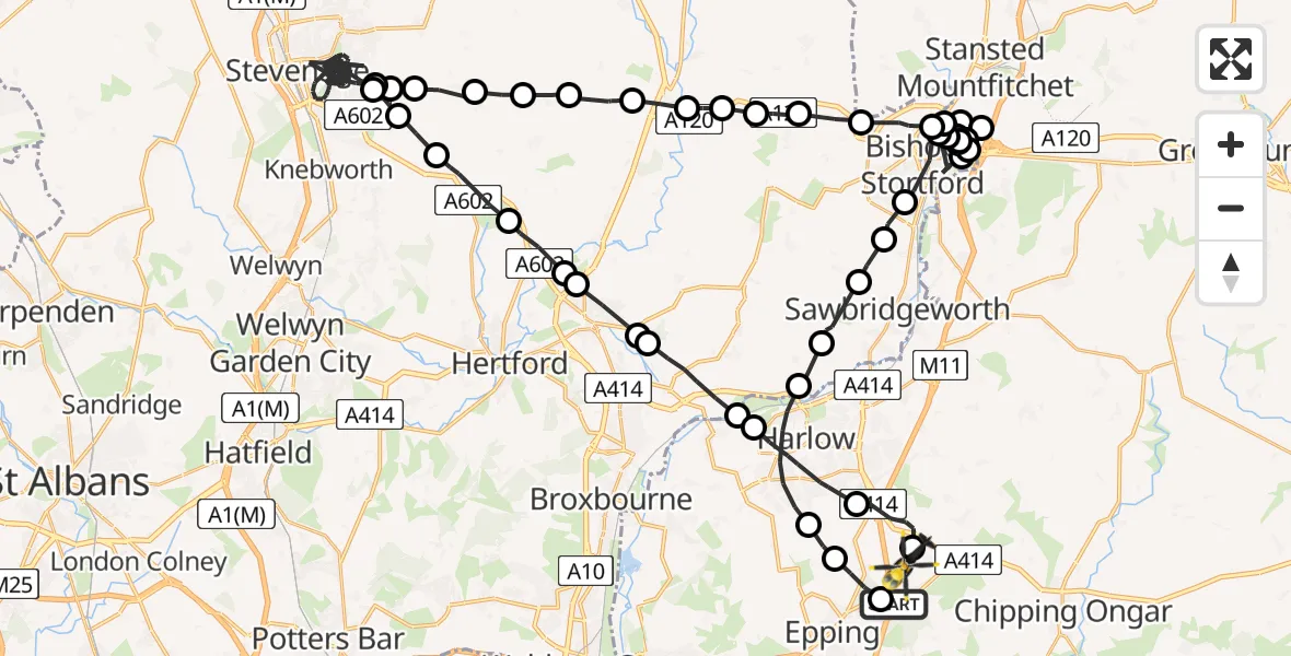Flight path map showing Police Helicopter route from North Weald Airfield to North Weald Airfield