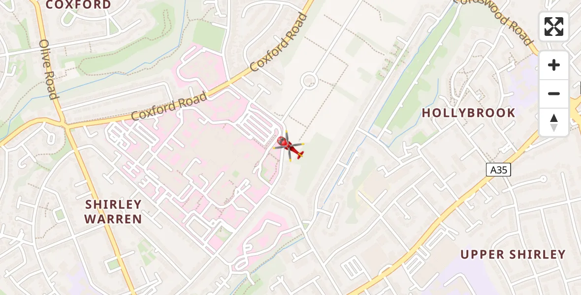 Flight path map showing Air Ambulance Helicopter route from University Hospital Southampton to University Hospital Southampton