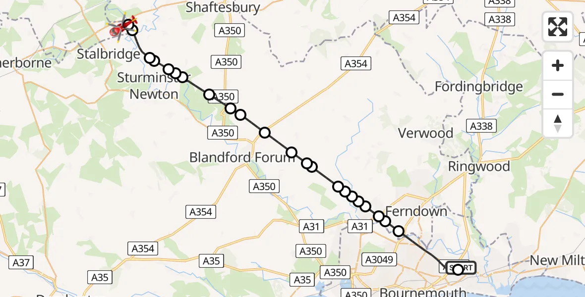 Flight path map showing Air Ambulance Helicopter route from Royal Bournemouth Hospital to Henstridge Airfield