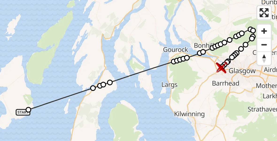 Flight path map showing Air Ambulance Aircraft route from Lagavulin to Glasgow Airport
