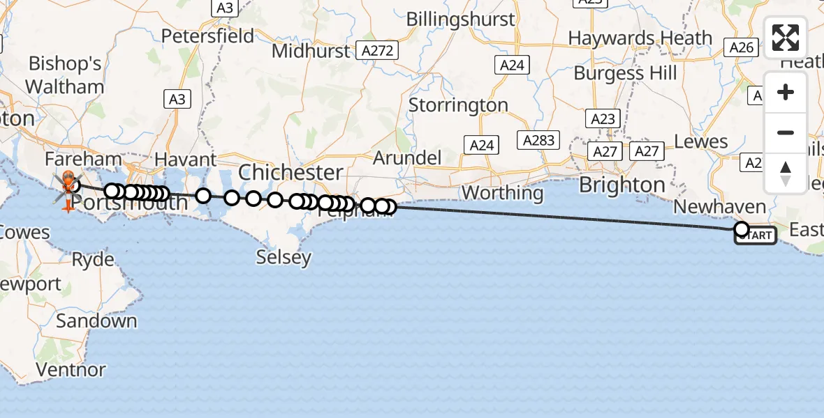 Flight path map showing Coastguard Helicopter route from Seaford to Solent Airport
