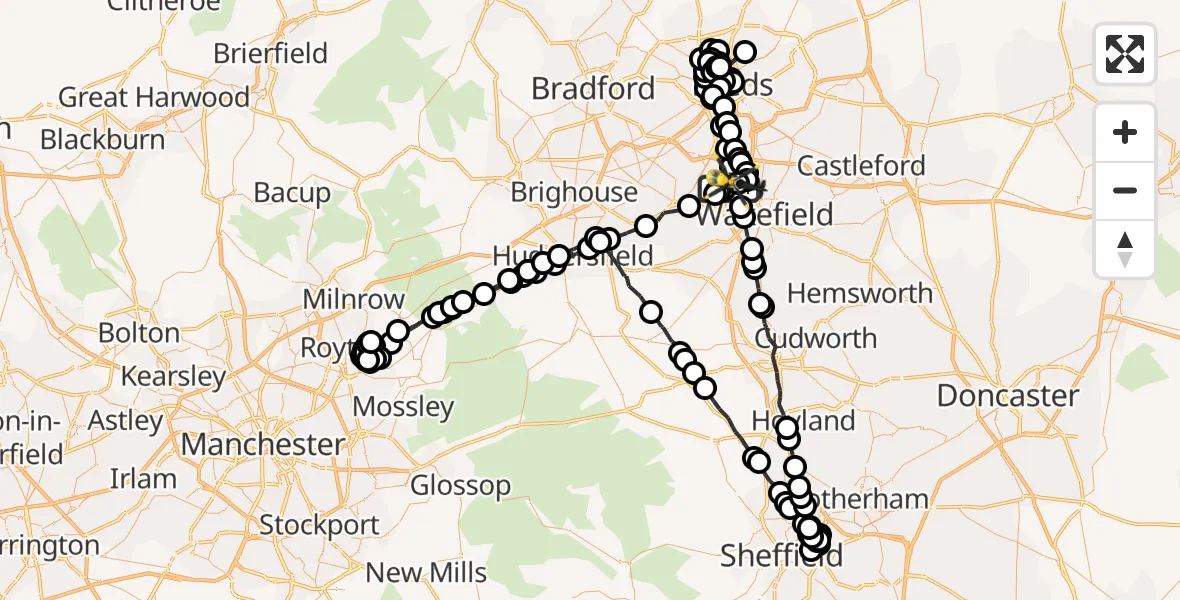 Flight path map showing Police Helicopter route from East Ardsley to East Ardsley