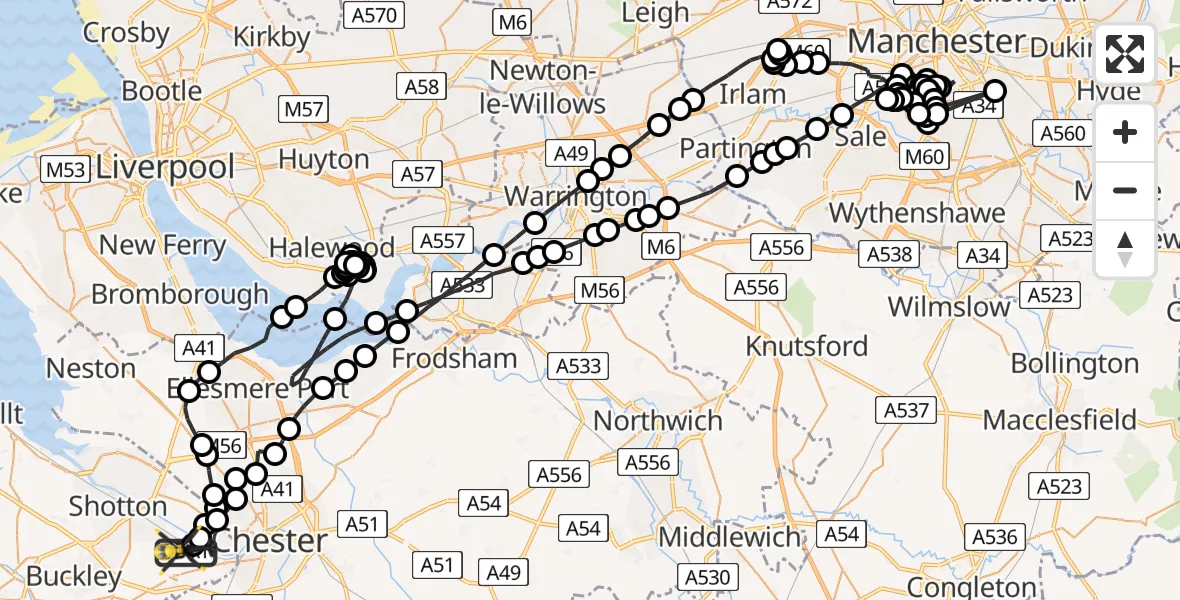 Flight path map showing Police Helicopter route from Hawarden Airport to Hawarden Airport